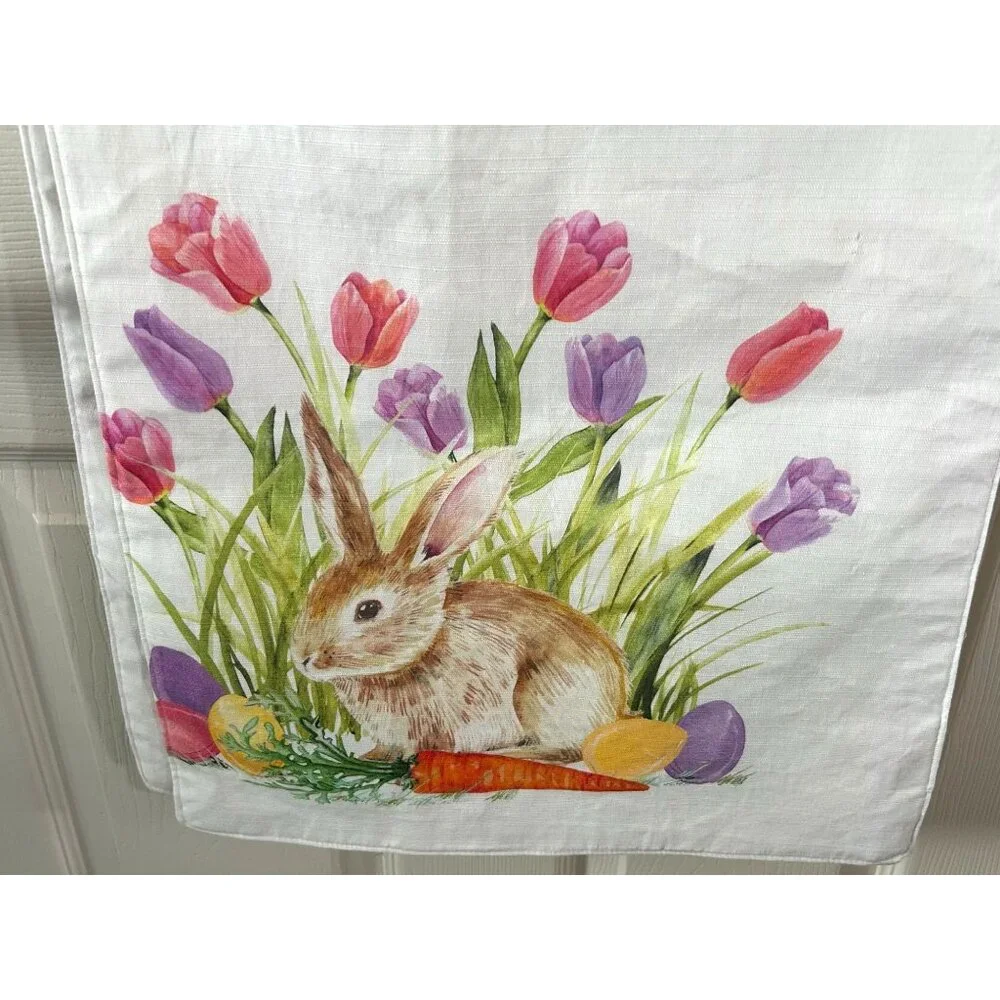 Bunny Tales Table Runner Easter Tulips Table Spring Cotton Rabbit Carrot 80x16